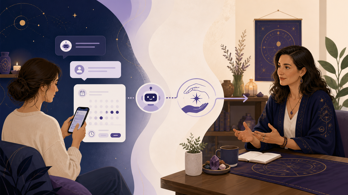 Illustration of a digital conversation being handed off to a live practitioner.